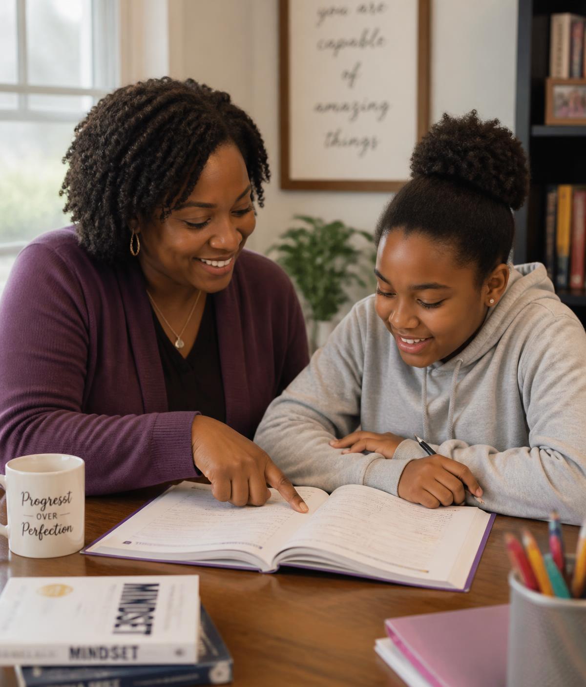 A teacher and an elementary-school student working through a workbook together at a table